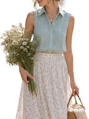 Gingham Cottagecore Sleeveless Button Down 100% Cotton Shirt - L - Green, White